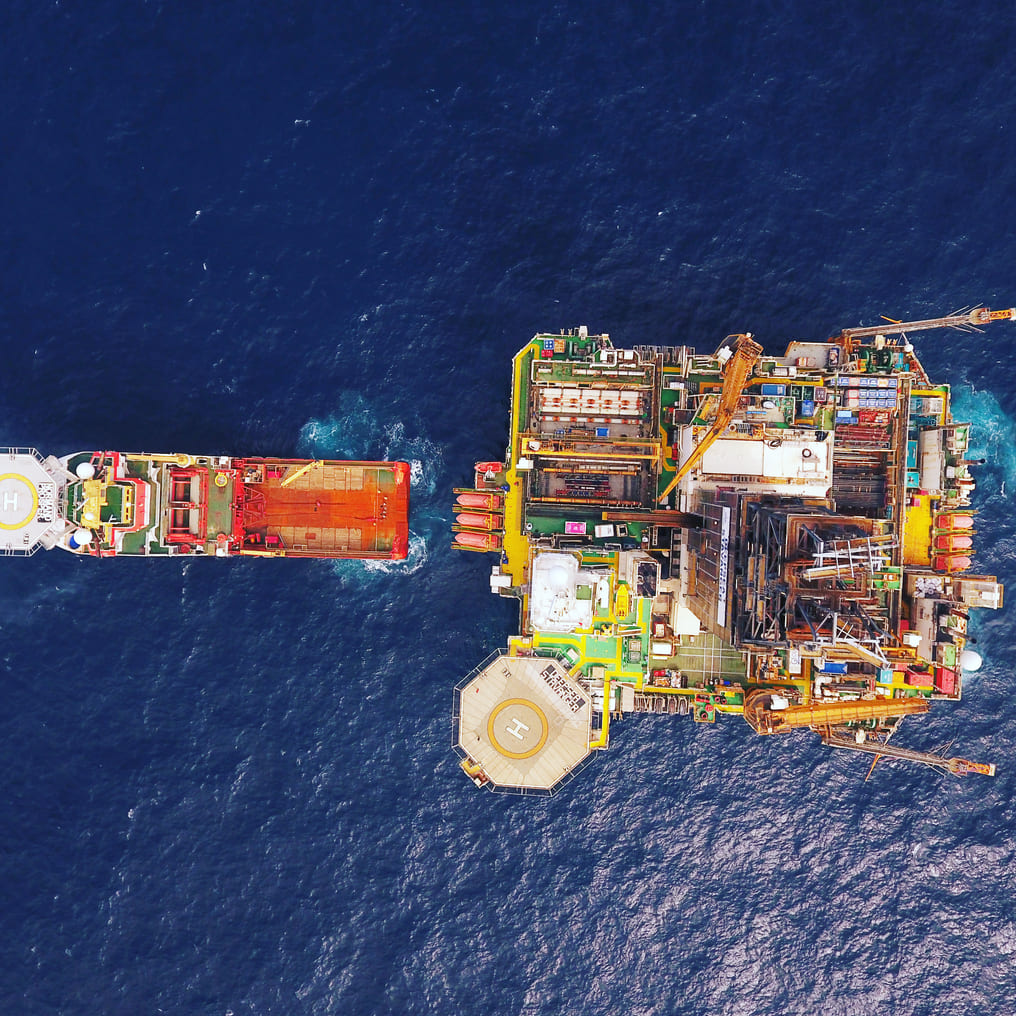 Aerial view of an offshore oil rig – the scale of operation Afrishore supplies certified lifting, rigging and lashing equipment for.